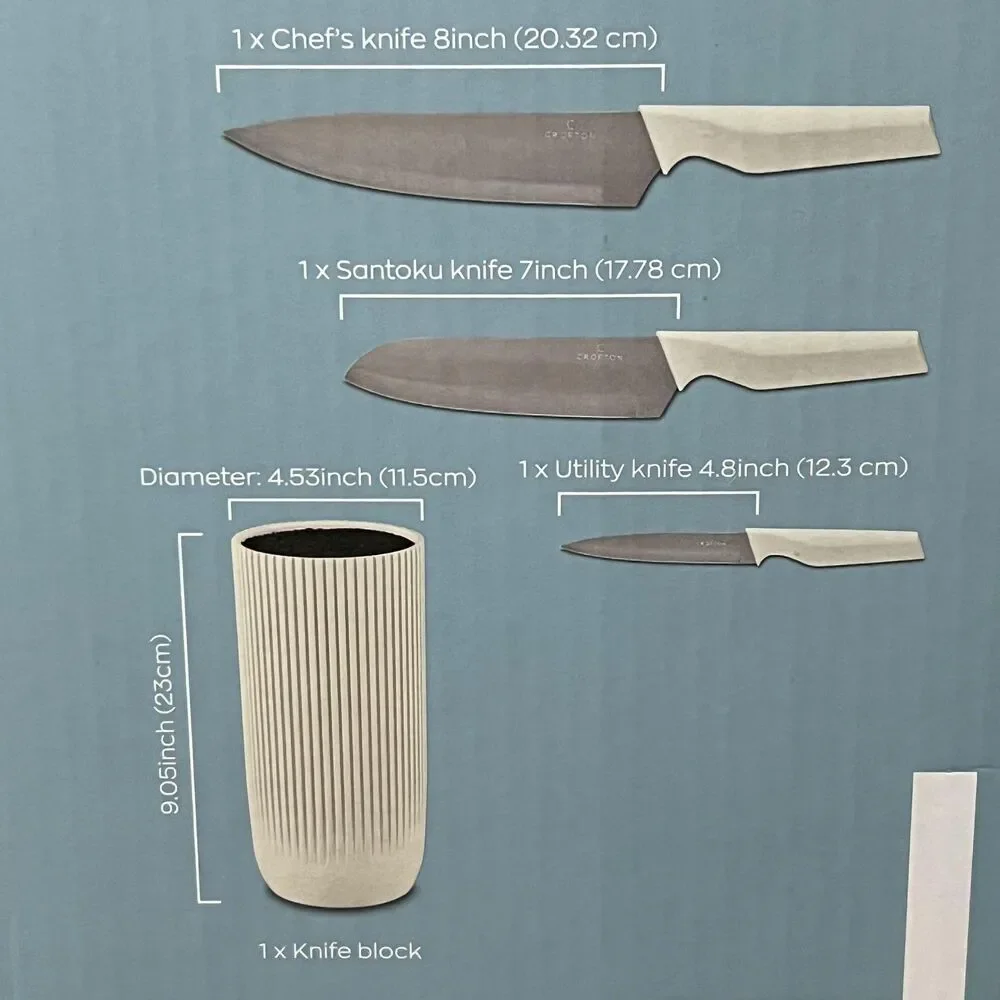 Crofton Universal Knife Block 3 Knives Set White Stainless Steel Hand Wash Gift